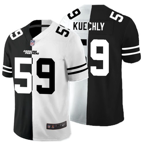 Men's Carolina Panthers #59 Luke Kuechly Black White Split 2020 Stitched Jersey